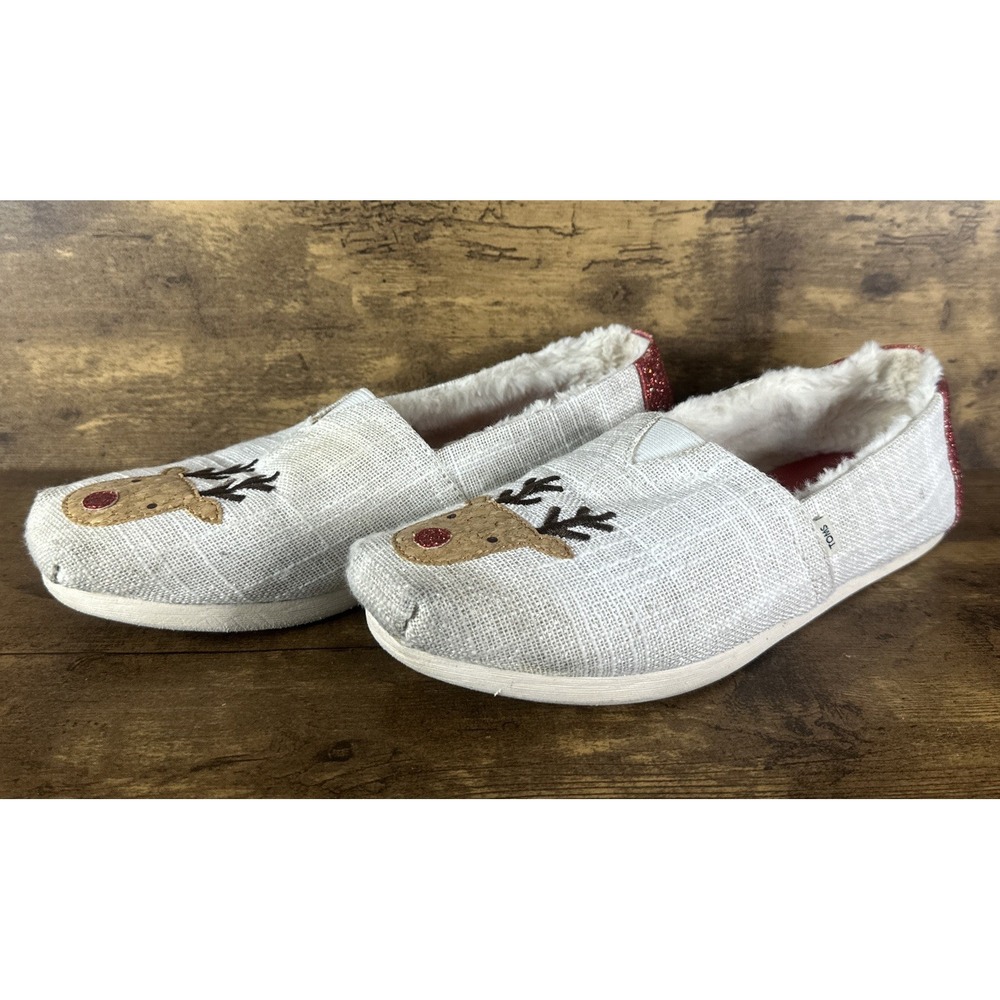 TOMS Alpargata White Textured Glitz Embroidered Reindeer Holiday Shoes Us Size 9